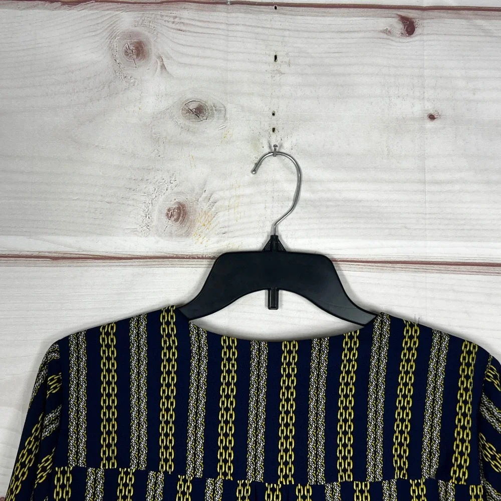 Michael Kors Chain Print Blouse Womens L Blue Gold V-Neck Tie Sleeve Top Office